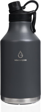 Vacuum Insulated Jug with Straw Lid Dustproof, Half Gallon Insulated Beer Growler, 3 Lids Wide Mouth Thermos Mug, Leakproof BPA Free and Dishwasher Safe - 64 Oz Grey