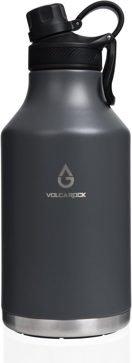 Vacuum Insulated Jug with Straw Lid Dustproof, Half Gallon Insulated Beer Growler, 3 Lids Wide Mouth Thermos Mug, Leakproof BPA Free and Dishwasher Safe - 64 Oz Grey