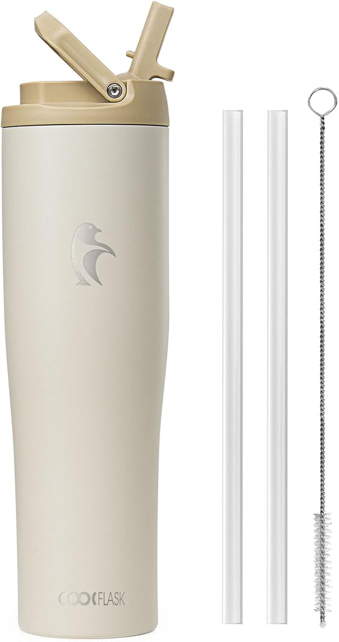 Coolflask Water Bottle 40 oz Fits Car Cup Holder, Slim Tumbler Stainless Steel with Straw & Handle, Vacuum Flask Leakproof Wide Mouth for Travel Sports Gym, Cream White