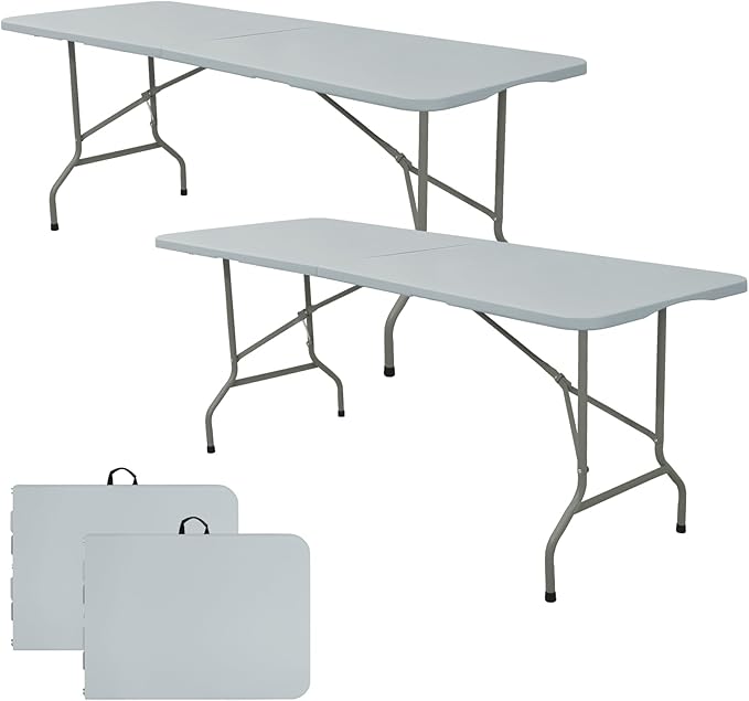 Set of 2 Folding Table 5 FT Camping Table Portable Heavy Duty Plastic Rectangular Outdoor Dining Table Steel Legs Fold-in-Half with Carrying Handle for Indoor,Picnic,Party,Wedding,Events(Grey)