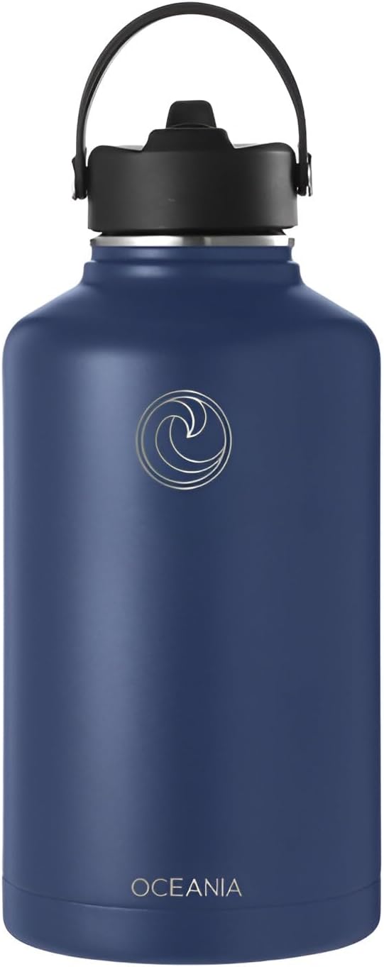 Oceania Flask 64oz Stainless Steel Water Bottles | Modern, Leakproof, Vacuum Insulated with 3 Lids, 3 Straws & 2 Straw Cleaning Brushes | Simple Lightweight Camping & Hiking Hydration Canteens