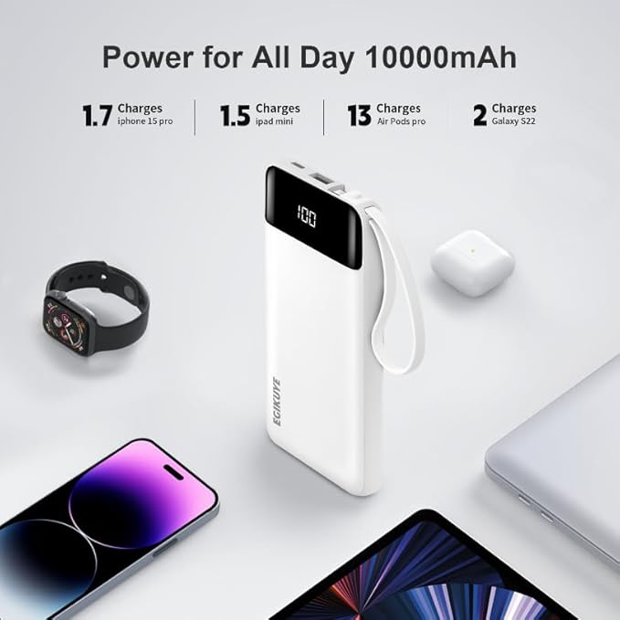 Power Bank 10000mAh Portable Charger with 4 Built-in Cables, Type-C in & Out Phone Charger, External Battery Charger Pack & Travel Essential for iPhone 16/15/14, Samsung, iPad, Android