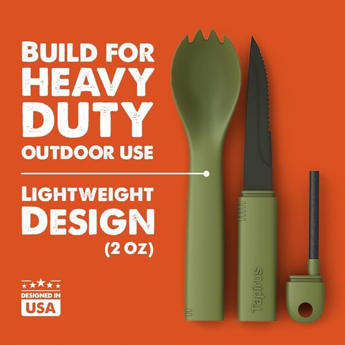 Tapirus Spork Tactical Green | BPA Free Spoon Fork, Stainless Steel Knife and Fire Starter | 3 in 1 multipurpose utensil | Outdoor hiking, camping & backpacking gear | Fit for MRE