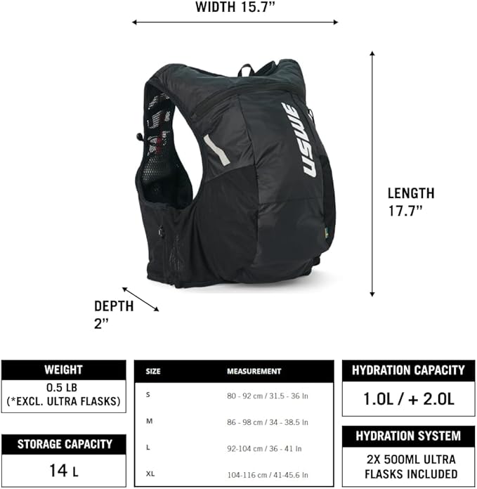 USWE Pace - Running Vest Hydration Pack with 2 x 500ml UltraFlask, Backpack for Men and Women