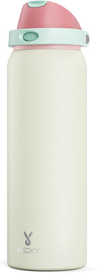 40 oz Insulated Water Bottle with Straw: Meoky Stainless Steel Metal Water Bottle with 2-in-1 Lid - Leak Proof, Cold for 24 Hours, Protective Silicone Base, BPA-Free for Sports Gym, Cream