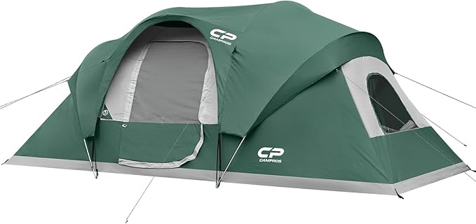 CAMPROS CP Camping Tent 10 Person Family Cabin Tent, 2 Room Water Resistant Waterproof Tent with Top Rainfly, 4 Large Mesh Windows, Double Layer, Easy Set Up, Portable with Carry Bag, 16ft x 9ft x72in