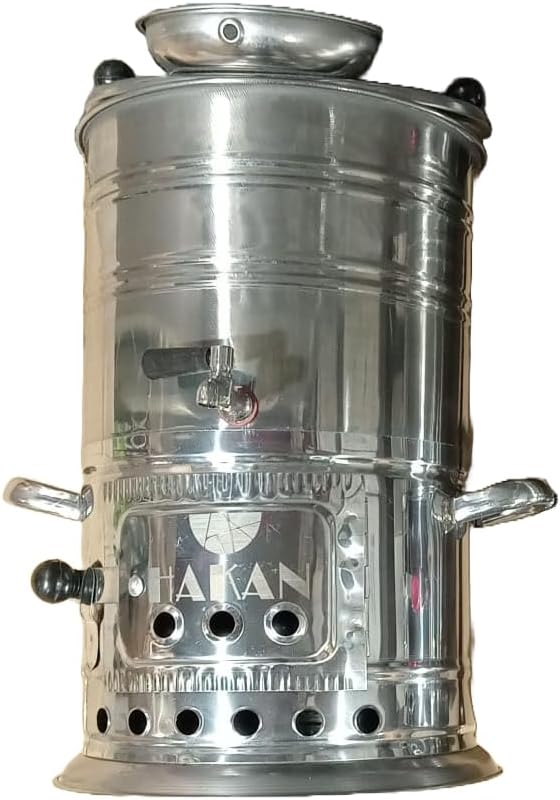 Portable Turkish Samovar Tea Kettle, Camping Water Boiler Tea Pot, Wood, Coals Fired Semaver Teapot, Water Heater for Camping, Picnic, Hunting, Outdoor Activities with Black Handles | 135.2 oz (4 lt)