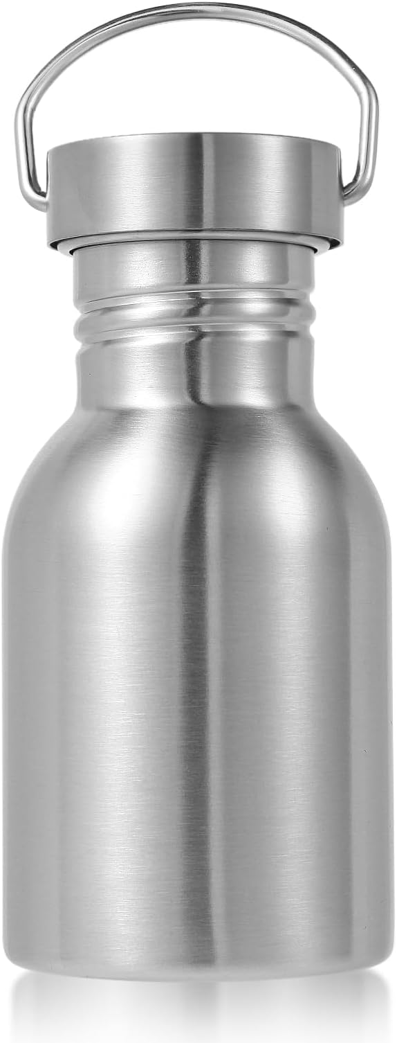 Volhoply 12oz Stainless Steel Water Bottle with Handle,Non Insulated Single Wall, Dishwasher Safe No Plastic 18/8 304 Metal Water Bottles with Wide Mouth for Camping, Hikers, Cyclists
