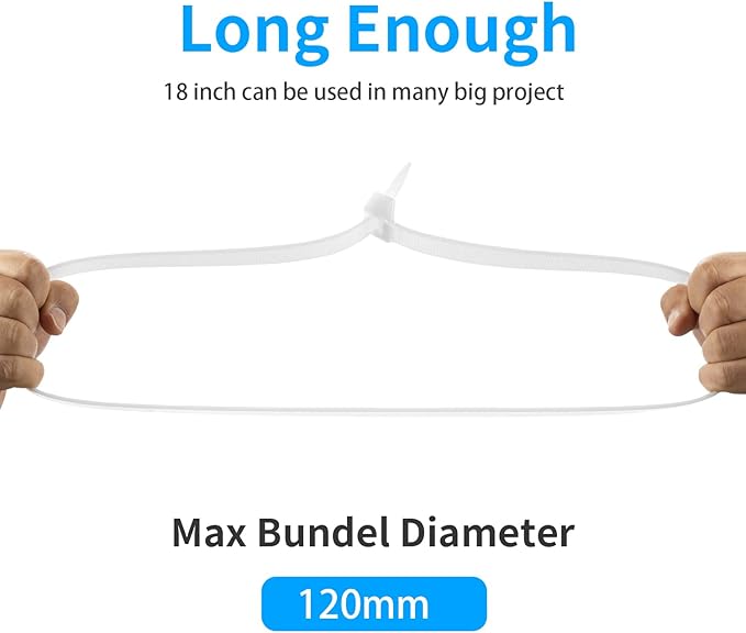 Armpow 18 inch White Zip Ties Heavy Duty 100 PACK, 200 LBS Ultra Exclusive Strong Plastic Wire Ties, Large Cable Ties Extra Long Tie Wraps, Indoor and Outdoor UV Resistant