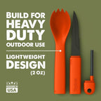 Tapirus Spork Tactical Orange | BPA Free Spoon Fork, Stainless Steel Knife and Fire Starter | 3 in 1 multipurpose utensil | Outdoor hiking, camping & backpacking gear | Fit for MRE