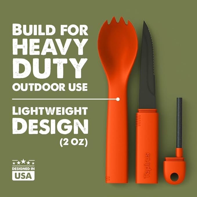 Tapirus Spork Tactical Orange | BPA Free Spoon Fork, Stainless Steel Knife and Fire Starter | 3 in 1 multipurpose utensil | Outdoor hiking, camping & backpacking gear | Fit for MRE