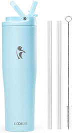 Coolflask Water Bottle 40 oz Fits Car Cup Holder, Slim Tumbler Stainless Steel with Straw & Handle, Vacuum Flask Leakproof Wide Mouth for Travel Sports Gym, Blue