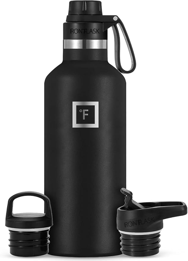 IRON °FLASK Camping & Hiking Hydration Canteens - 3 Lids (Narrow Spout Lid) Leak Proof Vacuum Insulated Stainless Steel - Hot & Cold Double Walled Sports Water Bottle - Midnight Black, 32 Oz