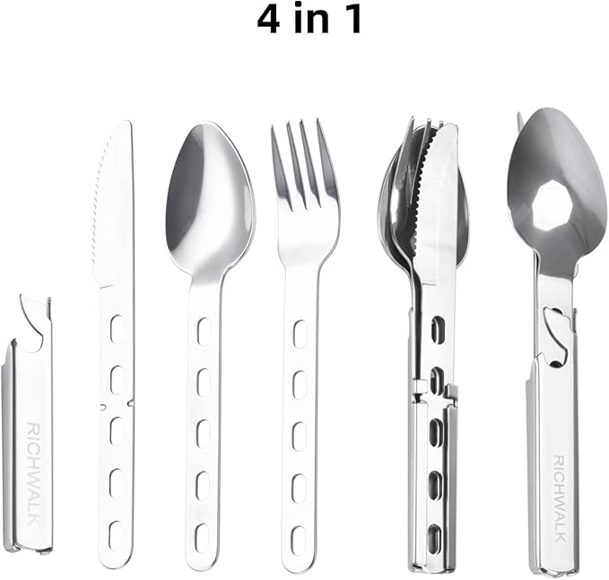 Camping cutlery set 4 pieces Eating utensils spoon fork knife kit flatware multi-tool Camping bottle can opener stainless steel