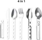 Camping cutlery set 4 pieces Eating utensils spoon fork knife kit flatware multi-tool Camping bottle can opener stainless steel