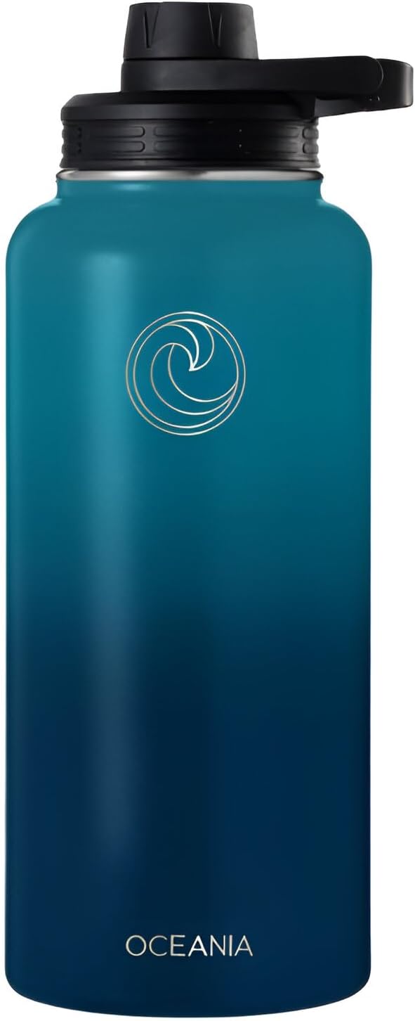 Oceania Flask 32oz Stainless Steel Water Bottles | Modern, Leakproof, Hydro BPA-Free, Insulated Water Bottle with 3 Lids, 3 Straws & 2 Straw Cleaning Brushes | Simple Camping & Hiking Water Bottle