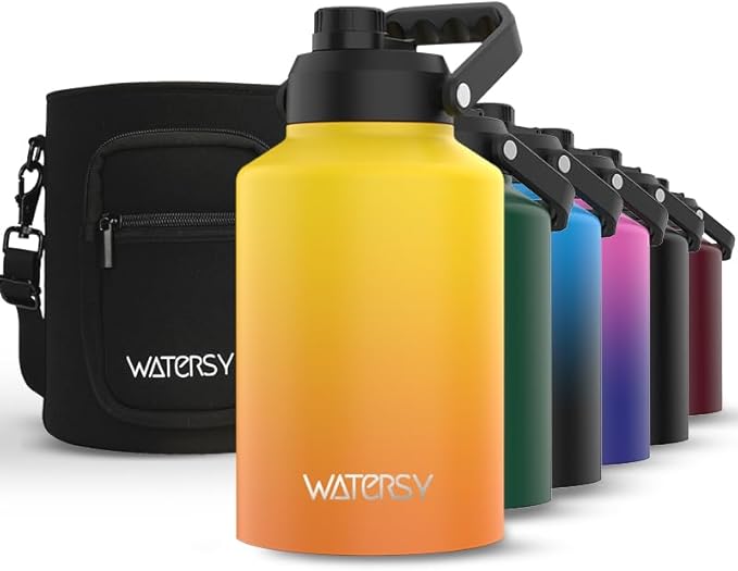 WATERSY 1 Gallon Water Bottle Insulated(Cold for 48 Hrs),BPA Free&Leak Proof,128oz Stainless Steel Water Jug,Big thermo,Large Water Bottle with Handle for Gym,Hiking,Camping&Travel,Gradual Yellow