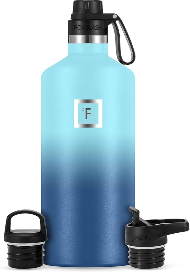 IRON °FLASK Camping & Hiking Hydration Canteens - 3 Lids (Narrow Spout Lid) Leak Proof Vacuum Insulated Stainless Steel - Hot & Cold Double Walled Sports Water Bottle - Blue Waves, 64 Oz