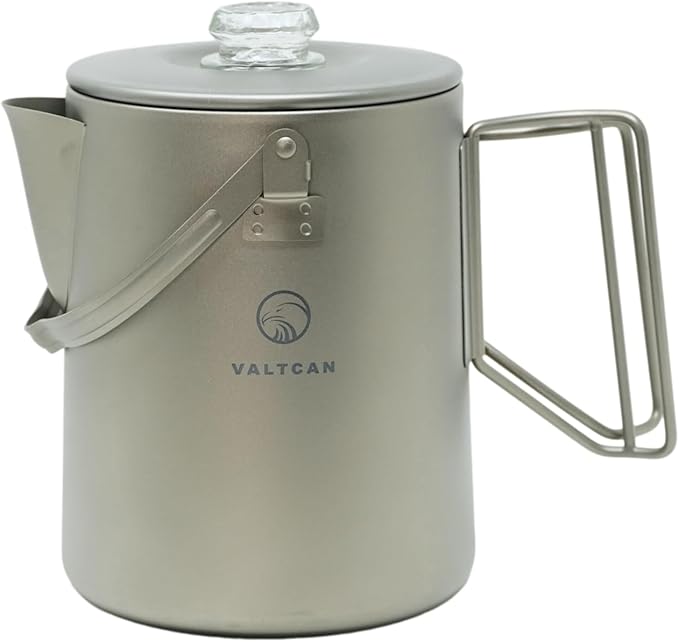 Valtcan Titanium Percolator Coffee Maker Pot 1.5L Filter Brew Ultralight Weight Camping Kettle 50 fl oz 6 Cup Capacity Glass Knob 395g Compact Kettle