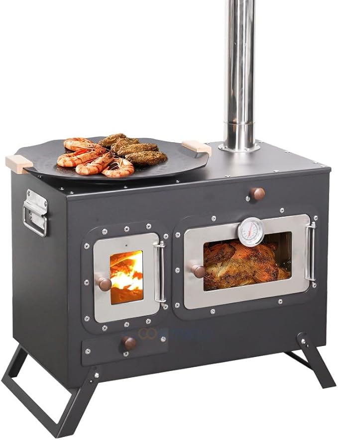 Large Outdoor Camping Stove with Oven Portable Tent Stove With Chimney Pipe Black Camping Stove Keep Warm Stove Foldable Camping Outdoor Cooking BBQ Stove