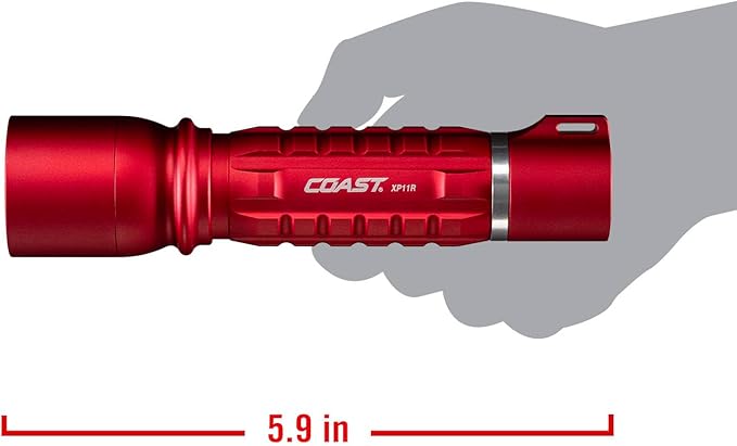 Coast XP11R 2600 Lumen USB-C Rechargeable LED Flashlight with Slide Focus® and Pure Beam® Focusing Optic, 4 Light Modes, Red