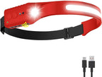 Rechargeable LED Headlamp (Red), 400 Lumens, 230° Wide Beam, USB-C, IPX4, 5 Modes — Lightweight, Adjustable Headband; Hard Hat Clips for Camping, Hiking, Running & Repairs