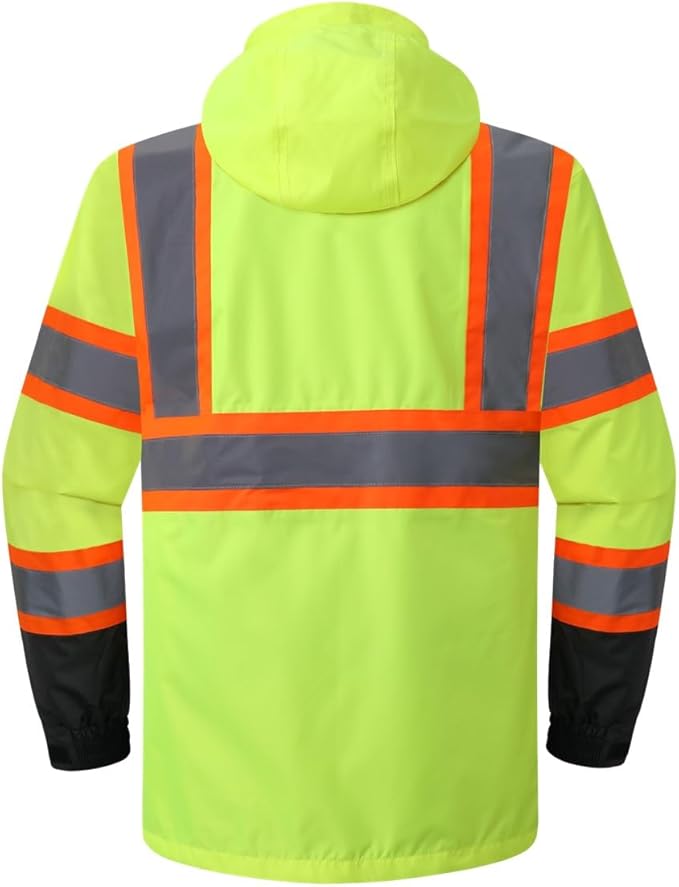 JKSafety Hi-Vis Reflective Safety Rain Jacket for Men Women Waterproof Rain Gears for Farming Fishing Work HV Rain Jacket with Inner Mesh Lining and Pockets (117A-YBlk L)