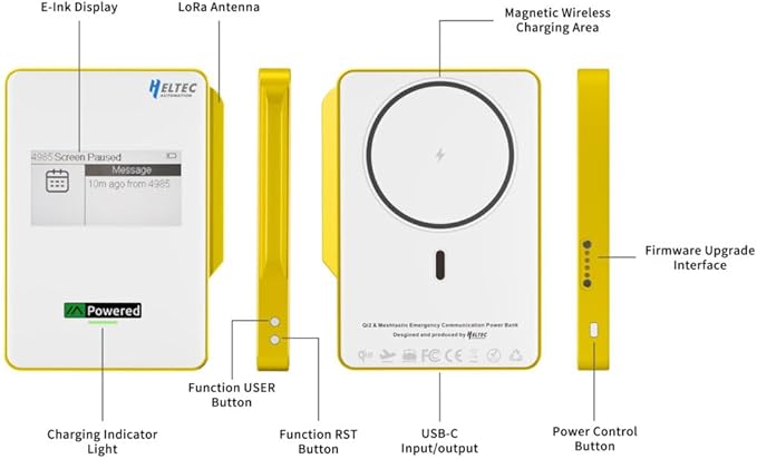 Heltec Meshtastic & LoRa Compatible Magnetic Power Bank with E-Ink Display nRF52840 and SX1262 Chips, Wireless Charging 10000mAh/5000mAh for Outdoor Emergency - MeshPocket Qi2
