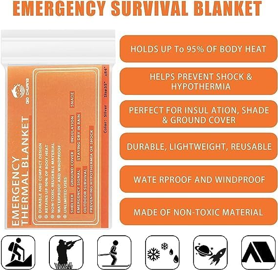 Emergency Mylar Thermal Blankets -Space Blanket Survival kit Camping Blanket (4-Pack). Perfect for Outdoors, Hiking, Survival, Bug Out Bag ，Marathons or First Aid 1
