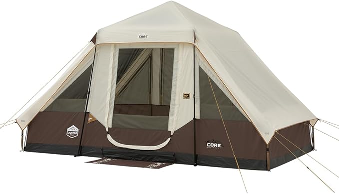 CORE Instant Cabin Tent with LED Lights | Large Family Lighted Pop Up Tent with Carry Bag for Camping, Glamping, and Backyard Adventures | Included Storage Pockets for Camp Accessories