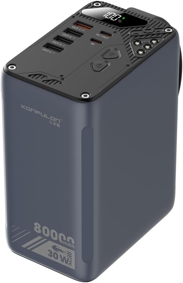 80000mAh High Capacity PD 30W Power Bank Fast Charging 22.5W Portable USB C Battery Packs with 5 Outputs & LCD Display Battery Bank for iPhone, Samsung, iPad ,Macbook & Outdoors Camping (GREY)