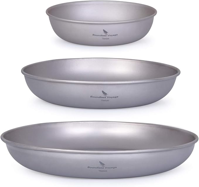 iBasingo 3 Pieces Titanium Plates Set Camping Metal Durable Cooking Pan Dishes Plates Saucer Ultra-light for Outdoor Camping Tableware Cookware Mess Kit with Carry Mesh Bag Ti1104T