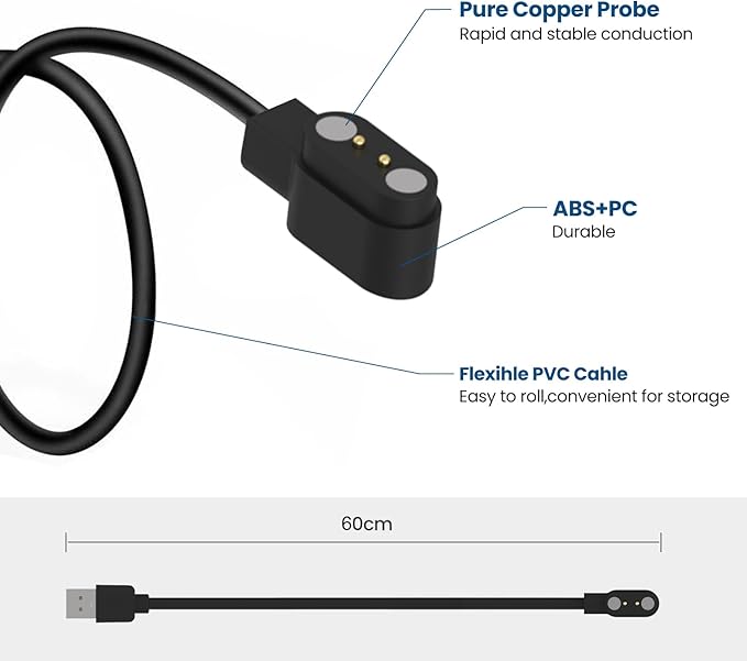 Smart Watch Chargers Compatible for FITVII HM78 HM68 HM58 HM57 H56, Popglory P22, Iaret I18, Morepro HM78, Parsonver SR1 Replacement Charging Cable 60cm (Black)