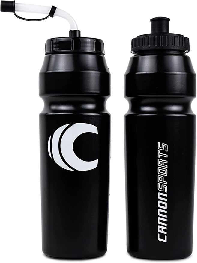Cannon Sports 1 Liter Sports Water Bottle, BPA-Free, 34 Oz Capacity, Large Mouth, 2 lids (Straw and Squeeze), Great For Helmet Sports Such As Hockey, Lacrosse, Football, Boxing (2 Pack) (Black)