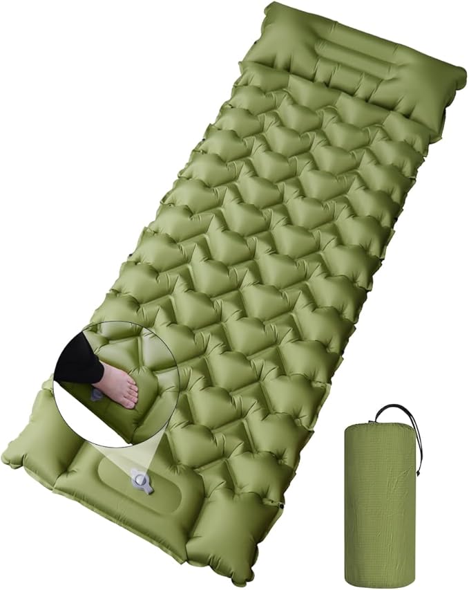 YOUXIU Camping Sleeping Pad, Extra Thickness 3'' Ultralight Inflatable Sleeping Mat with Built-in Foot Pump, Durable Compact Waterproof Camping Air Mattress for Tent,Backpacking,Hiking,Tent (Green)