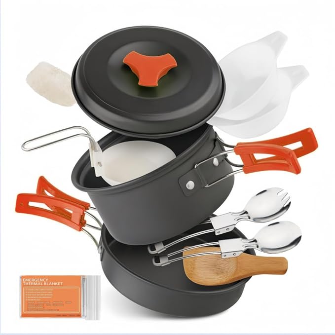 Camping Cookware Mess Kit – 12 PCS Lightweight Camping Cooking Set with Pots, Pans & Utensils – Compact Backpacking Cookware Gear – Portable Camp Kitchen Equipment for Hiking & Outdoor Stove Use