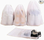 15-piece travel white frosted drawstring storage bags for gym clothes, underwear, shoes, and clothing packaging. 3 sizes, 5 pieces each (15.7 x 11.8 in; 7.9 x 11.8 in; 7.0 x 9.8 in)