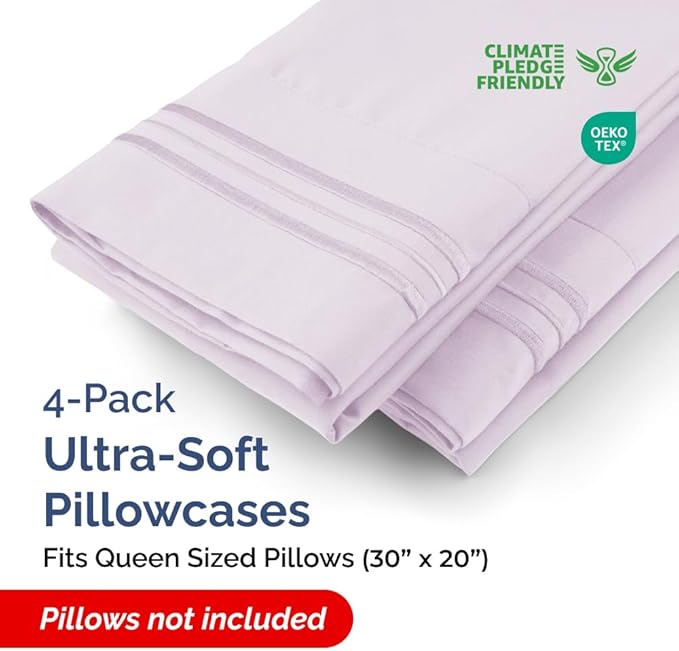 CGK Unlimited Queen Size Microfiber Pillowcase Set of 4 - Soft, Premium Quality, Machine Washable, Light Lavender