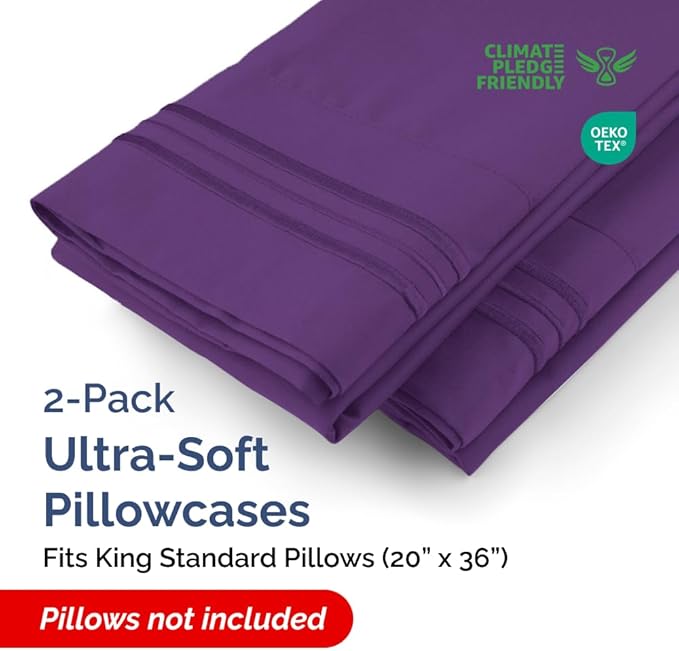 King Standard Pillow Cases Set of 2 - Soft Hotel Quality Pillowcase Covers - Comfy Bedding for Women, Men, Kids & Teens - Machine Washable Pillow Protectors - 2 Piece Set - King Standard Size Purple