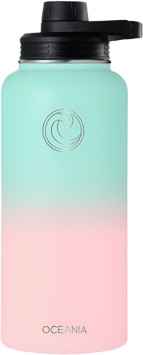 Oceania Flask 32oz Stainless Steel Water Bottle | Modern, Leakproof, Hydro BPA-Free, Insulated Water Bottle with 3 Lids, 3 Straws & 2 Straw Cleaning Brushes | Simple Camping & Hiking Water Bottles