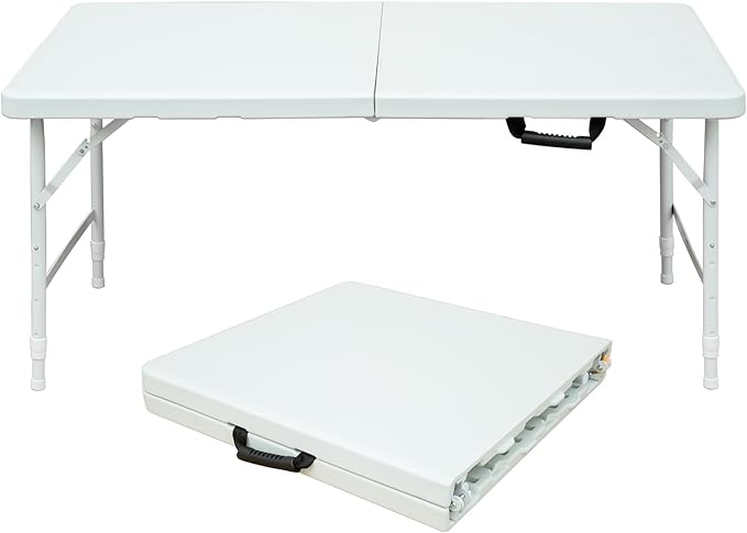 4 FT Folding Table with Carry Handle, Portable Fold-in-Half Plastic Table, Rectangle Foldable Table for Indoor/Outdoor White