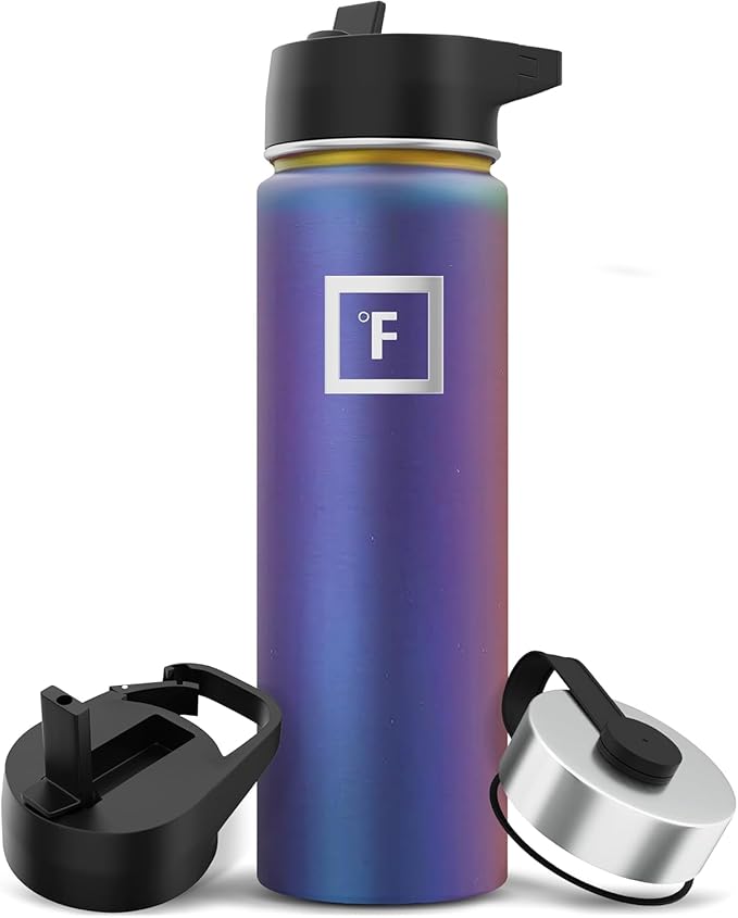 IRON °FLASK Camping & Hiking Hydration Flask with 3 Lids - Stainless Steel, Double Walled & Vacuum Insulated Water Bottle - Leak Proof & BPA Free (Aurora, Straw - 22 oz)