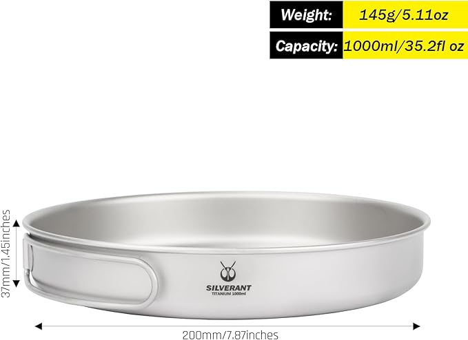 Camping Plate Titanium Pan Dish Plate with Handle & Mesh Bag, Large Reuseable Ultralight Dinner Plate for Camping Outdoors Backpacking (1000ML)