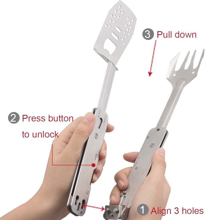 ROXON 4 in 1 Mini Folding BBQ Barbecue Combo Tool Set with Spatula, Fork, Tongs and Bottle Opener for Hiking Camping (Grey)