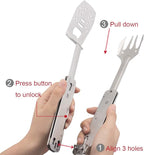 ROXON 4 in 1 Mini Folding BBQ Barbecue Combo Tool Set with Spatula, Fork, Tongs and Bottle Opener for Hiking Camping (Grey)