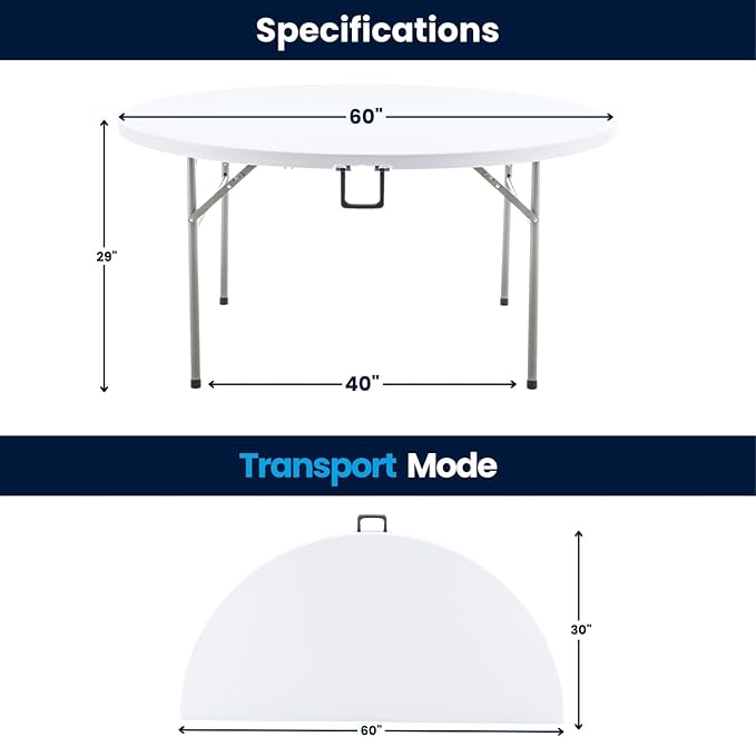 BTEXPERT Set of 2, White 5 Ft 60inch Round Plastic Folding Table Commercial Portable for Banquet Dining Wedding Party Events Home Kitchen Patio Backyard Indoor Outdoor