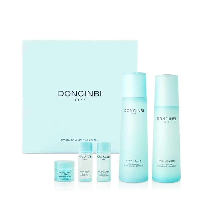 Donginbi Hydra Bounce Skin Care Set - Hydrating Toner(5.07 floz), Korean Red Ginseng Essence(4.4 floz), Firming Cream, and Face Moisturizer with Hyaluronic Acid, Korean Skin Care Gifts for Women