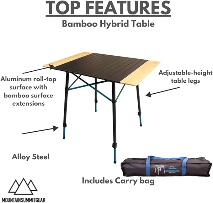 Bamboo/Aluminum Roll-Top Camping Table - Hybrid and Portable Aluminum-Top/Bamboo Folding Table with Adjustable Height Steel Frame by Caddis Sports