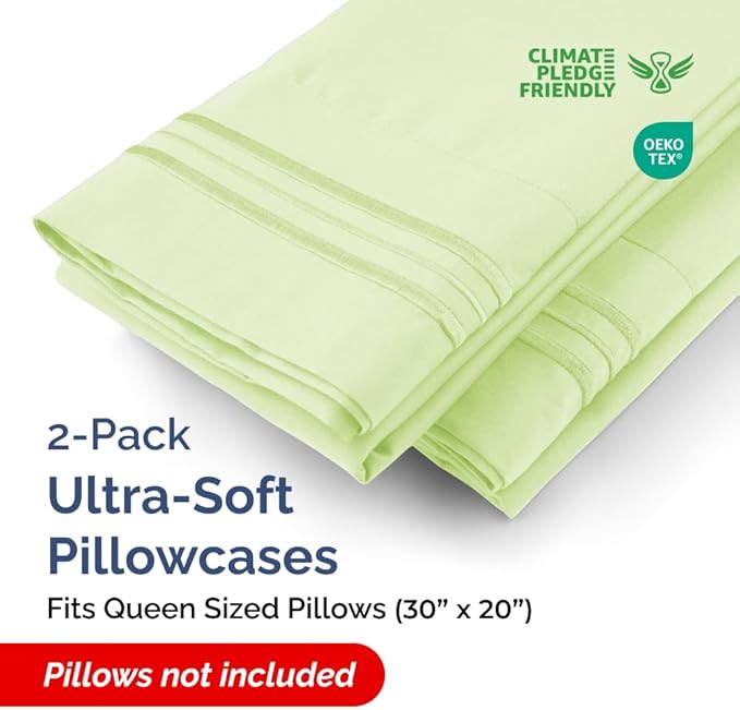 Queen Pillow Cases Set of 2 - Ultra Soft Hotel Quality Pillowcase Covers - Comfy Bedding for Women, Men, Kids & Teens - Machine Washable Pillow Protectors - 2 Pieces Set - Queen Size Light Sage Green