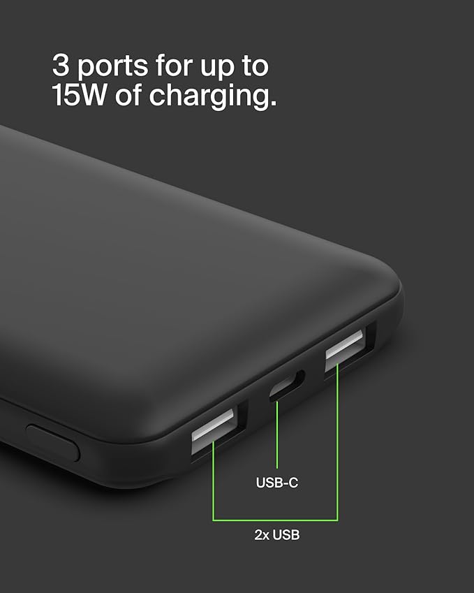 Belkin Portable Charger, USB C Power Bank 10000 mAh w/ 2xUSB-A Ports, 15W w/ Type-C to Type-A Cable for iPhone 17, Air, Pro, Samsung Galaxy S25, Nintendo Switch 2, Google Pixel 10, etc. - Black